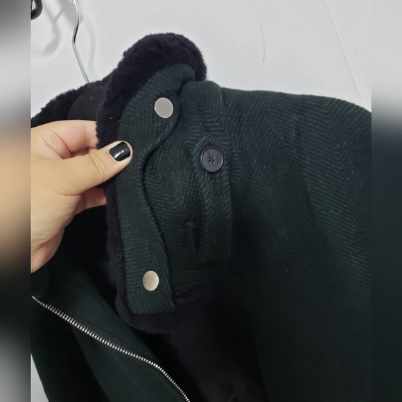 SANDRO Shearling Trim Collar Green Herringbone Wool Aviator Jacket - Picture 15 of 16